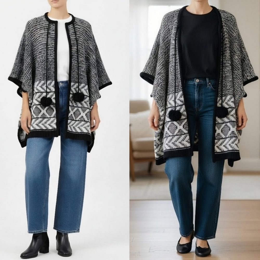 New! Aerie Wool Chunky Knit Pom Pom Oversized Poncho Open Front Sweater Cape